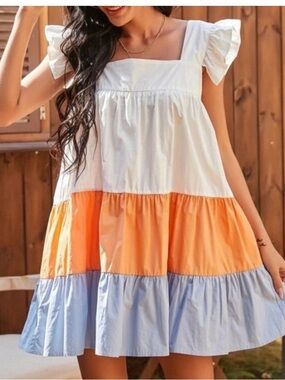 Altar'd State White, Orange & Light Blue Colorblock Tiered Mini Dress